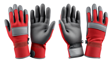 Work gloves with red fabric and grey grip palms isolated on white background