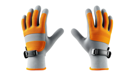 Work gloves with textured orange grip panels and adjustable wrist straps isolated on white background