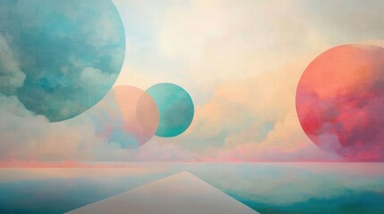 Vibrant pastel planets float serenely in a dreamy sky with soft clouds and warm sunset hues