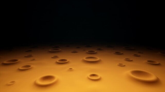 Endless forward flight into deep darkness above a mysterious cratered planet surface. Seamless cinematic 3D animation