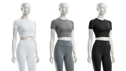 Three Mannequins Displaying Crop Tops in White, Grey, and Black with Matching Leggings on a white background