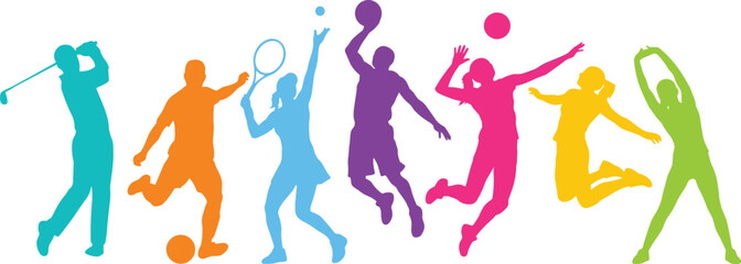 Colorful sport silhouettes of active people jumping running and playing games showing fitness teamwork energy isolated vector illustration © Moslama