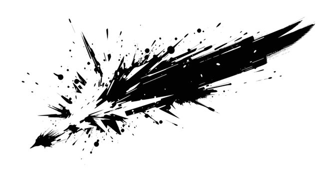 Dynamic black ink splash with sharp edges and abstract, explosive motion on a white background.