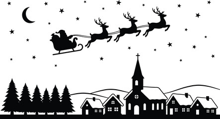 Santa Claus flying over snowy village night with reindeer sleigh moon stars and winter town silhouette isolated black vector illustration © Moslama
