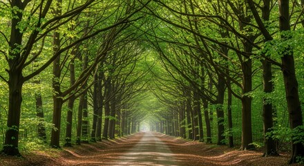 Obraz premium A sundappled pathway through a dense forest, with trees forming an archway of vibrant green leaves, creating a magical, natural tunnel