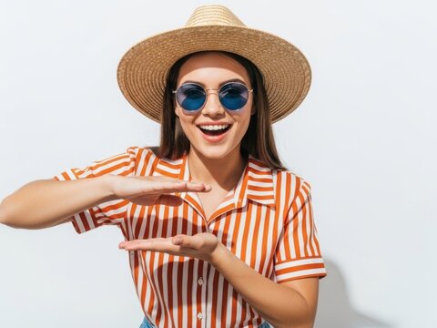 Young woman in sunglasses and a straw hat isolated on white background - Powered by Adobe