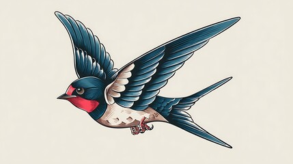 Barn Swallow in Mid-Flight – Detailed Illustration with Iridescent Blue-Black Wings