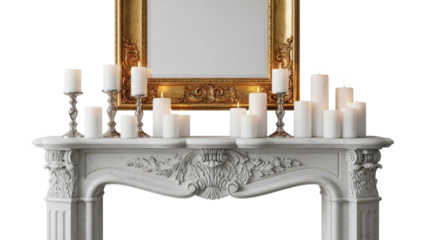 Close up front view of a decorative fireplace mantel styled with candles and a mirror above isolated on white background