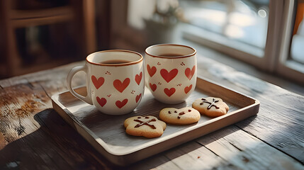 Cozy romantic coffee moment with heart patterned mugs and homemade cookies on wooden tray by window warm morning light love comfort lifestyle still life rustic kitchen sweetness togetherness relaxatio