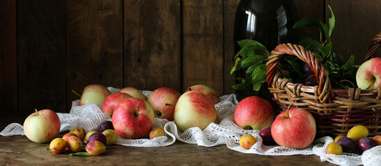 fruit banner with garden apples and plums on dark wooden rustic table