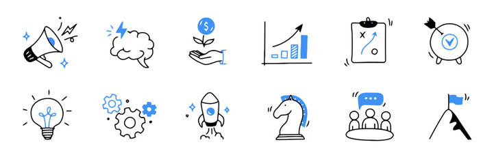 Business and Startup Development Concept in Modern Doodle Style Vector Illustration of Innovation Strategy and Success Featuring Various Essential Elements © Marjiya
