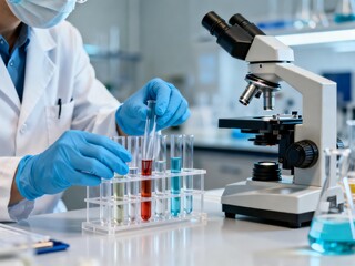Fototapeta premium Scientist working with test tubes and microscope