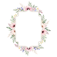 Floral decorative frame with pink and green watercolor elements  