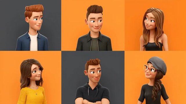 Animated group of diverse cartoon friends standing together on colorful split background representing youth communication social media chat and playful modern community