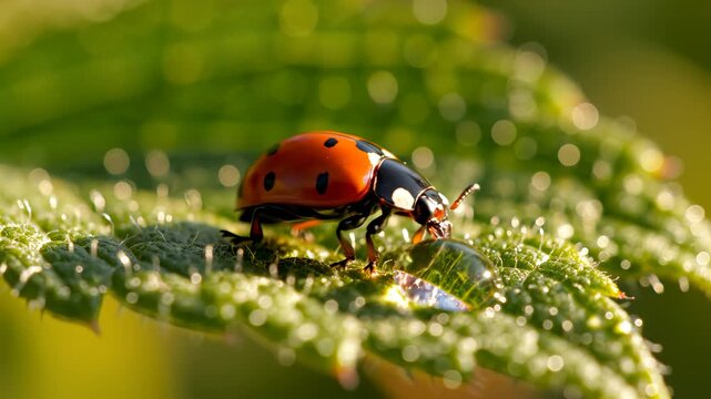 Ladybug on leaf with dew drop