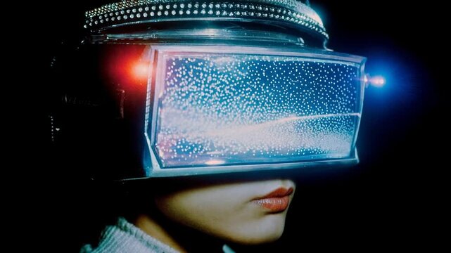Profile of young person wearing glowing visor in dark room suggests immersive virtual reality gaming digital art and futuristic technology experience