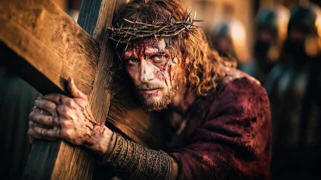 Actor portraying Jesus carries heavy wooden cross through crowd under harsh light symbolizing sacrifice suffering faith and dramatic biblical passion story
