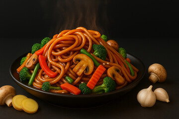 Hot Asian Stir Fry Noodles with Fresh Vegetables, Mushrooms, Broccoli and Carrots in Savory Soy Sauce, Steaming Homemade Chinese Food on Black Background. Hong Kong Stir Fry Noodles  with Vegetables.