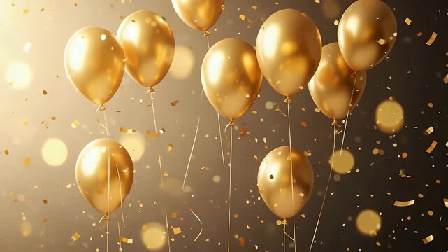 Golden balloons and confetti create a luxurious festive atmosphere