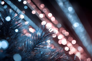 Blurred pine needles glow softly against a backdrop of colorful bokeh lights.