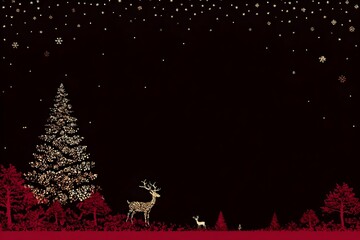 A decorated Christmas tree and several deer stand in a red forest under a starry night sky.