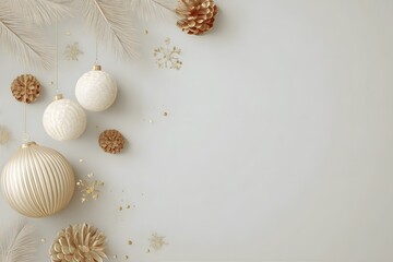 Several white and gold Christmas ornaments and pinecones lie arranged on a light, minimalist background.