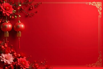 Two red lanterns and red flowers decorate the left side of a red background with an ornate golden border.