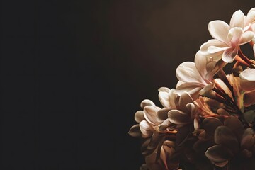 Several pale flowers gently bloom on the right side against a dark background.