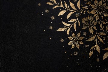 Golden floral patterns decorate the upper right corner of a textured black background.