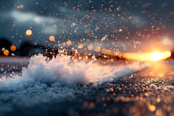 Water splashes dramatically on a wet surface at sunset.