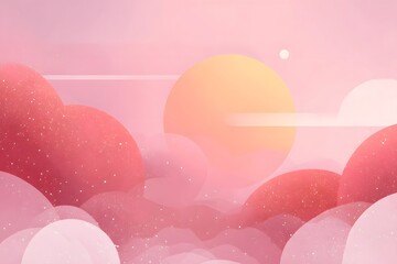 A large pastel sun rises above fluffy pink clouds in a soft, dreamy sky.