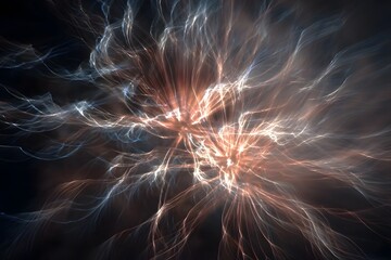 Bright, branching streaks of light radiate outward against a dark, nebulous background.