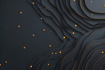 Layered dark abstract shapes surround scattered glowing golden dots on a textured background.