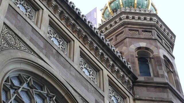 New York Central Synagogue old historic building 1872, Lexington avenue, United States of America. Jewish congregation in Manhattan. Judaism religion landmark. Star of David geometry ornament. Window.
