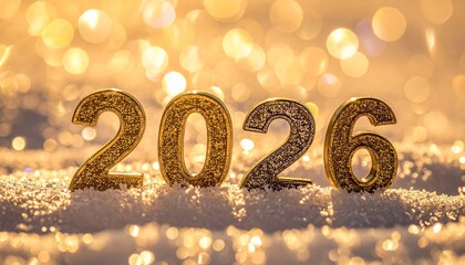 2026 golden numerals, snow base and warm bokeh