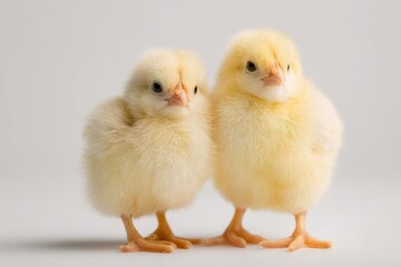 Fototapeta premium Studio photograph of two tiny yellow chicks with fluffy plumage on a white background