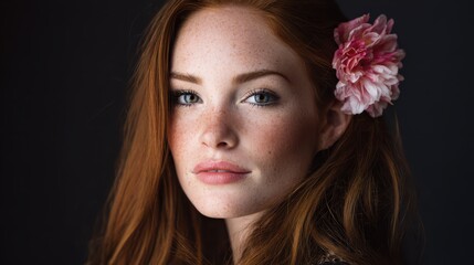 Fototapeta premium Studio portrait of a striking redhead woman with long flowing hair against a black background, natural beauty and a single flower accent