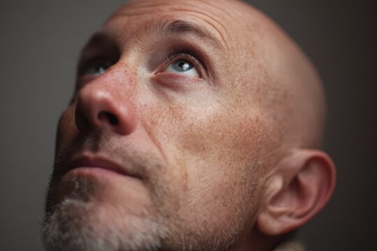 Studio portrait featuring a bald man seen in half-head framing and gentle light