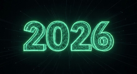 Image of glowing teal number 2026 on dark background. Concept is future technology, digital age and next year, year countdown, new era start