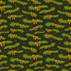 Green pine branches, gold bows and red baubles Christmas seamless pattern on dark green background