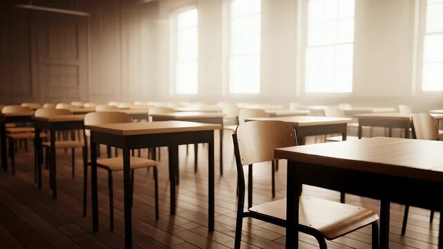 A serene and organized empty classroom with rows of wooden desks and chairs, bathed in natural light from large windows, evoking a sense of anticipation for learning and education.