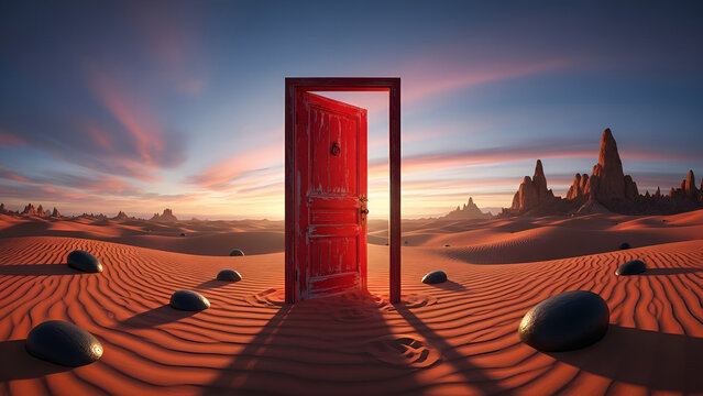 Main Subject: A weathered, freestanding red door standing partially open in the middle of a vast desert.