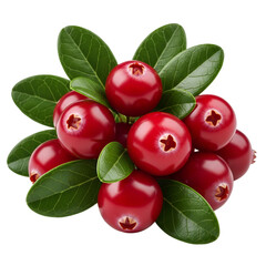 Fresh Cranberries with Green Leaves Isolated on White Background