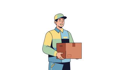 Delivery man holding a cardboard box with a smile on his face professionally
