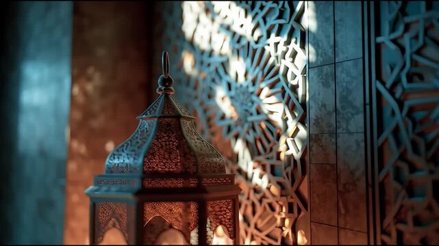 Intricate Islamic Lantern Illuminated by Warm Light and Geometric Patterns