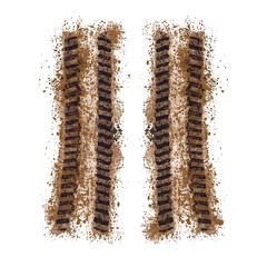 An illustration of two parallel muddy tire tracks with splatters of dirt and grime. The tracks show a deep tread pattern and are isolated on a clean white background.