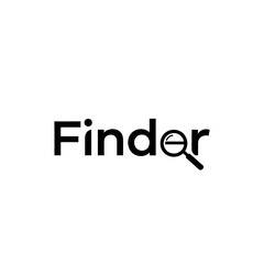 Black and white logo design for the word finder with a magnifying glass replacing the letter r