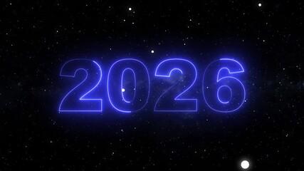 Glowing neon 2026 new year countdown animation on planet earth, futuristic space background, business growth and innovation concept, 4K.