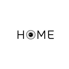 Obraz premium Minimalist black and white logo design featuring the word home with an eye or camera shutter replacing the letter o
