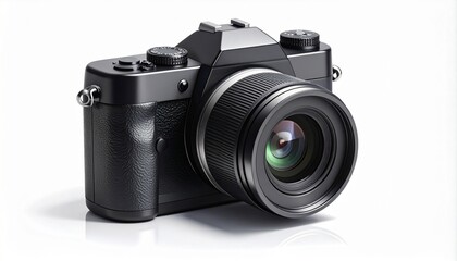 Fototapeta premium Modern black DSLR camera with large lens on light surface